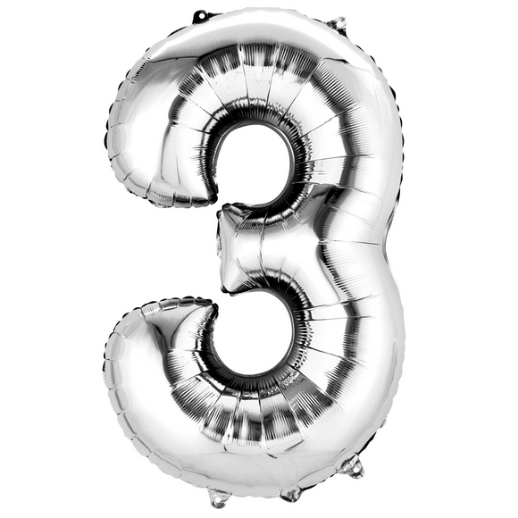 COLLECTION ONLY - Large Silver Number 3 Super Shape Foil Balloon Filled with Helium & Dressed with Ribbon & Weight