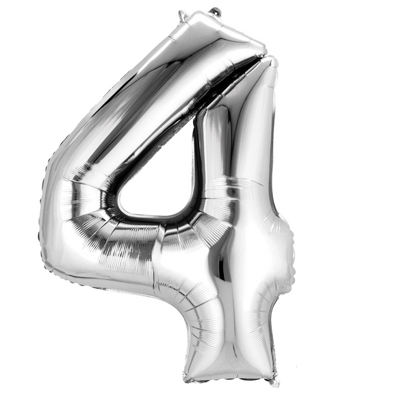 COLLECTION ONLY - Large Silver Number 4 Super Shape Foil Balloon Filled with Helium & Dressed with Ribbon & Weight