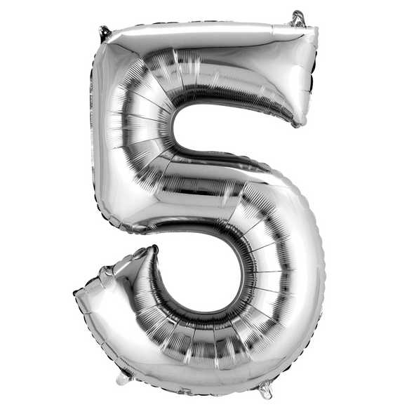 COLLECTION ONLY - Large Silver Number 5 Super Shape Foil Balloon Filled with Helium & Dressed with Ribbon & Weight