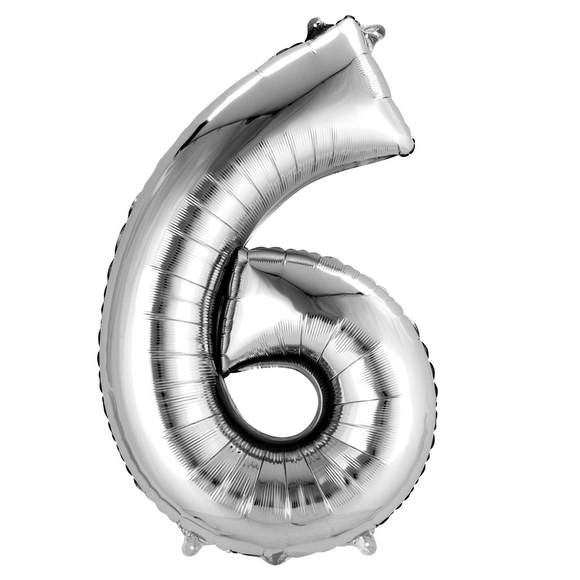 COLLECTION ONLY - Large Silver Number 6 Super Shape Foil Balloon Filled with Helium & Dressed with Ribbon & Weight
