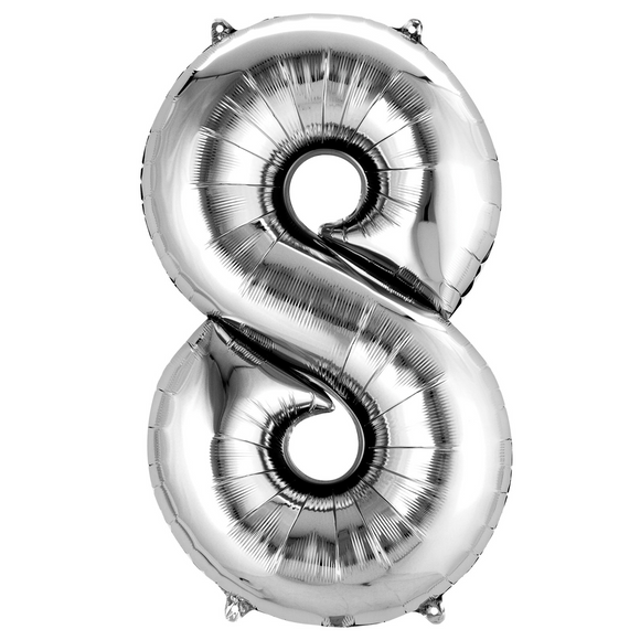 COLLECTION ONLY - Large Silver Number 8 Super Shape Foil Balloon Filled with Helium & Dressed with Ribbon & Weight