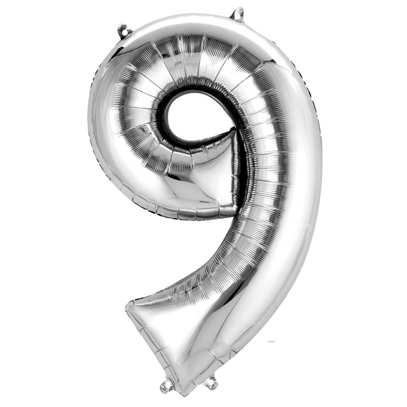 COLLECTION ONLY - Large Silver Number 9 Super Shape Foil Balloon Filled with Helium & Dressed with Ribbon & Weight