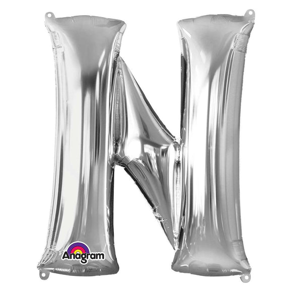 COLLECTION ONLY - Silver Letter N Filled with Helium & Dressed with Ribbon & Weight