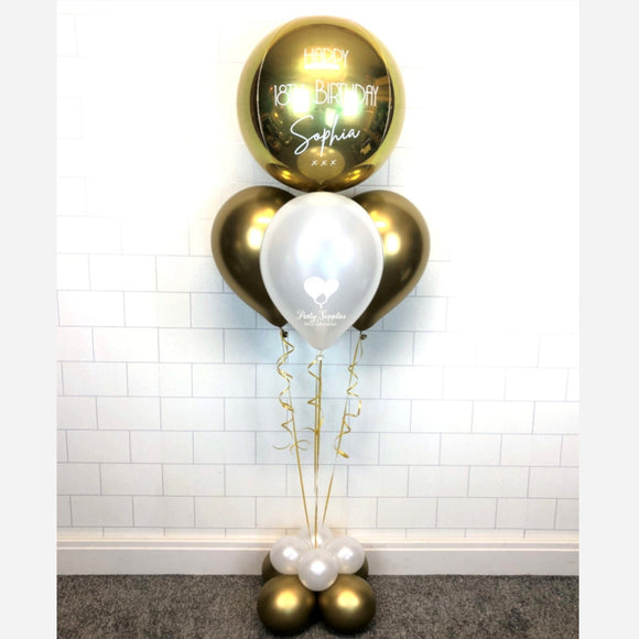 COLLECTION ONLY - Personalised Gold Orbz Balloon, White & Gold Balloon Pyramid & Balloon Base