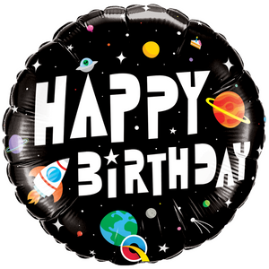 COLLECTION ONLY - 1 Happy Birthday Space Themed Standard Foil Balloon Filled with Helium & Dressed with Ribbon & Weight