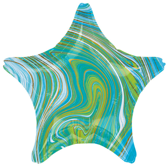 COLLECTION ONLY - 1 Blue & Green Marblez Foil Star Balloon Filled with Helium & Dressed with Ribbon & Weight