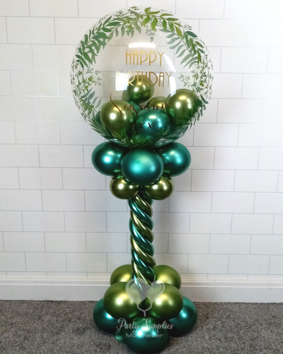 COLLECTION ONLY - Green Twisted Tower Topped with a Elegant Greenery Bubble filled with Balloons - Gold Message