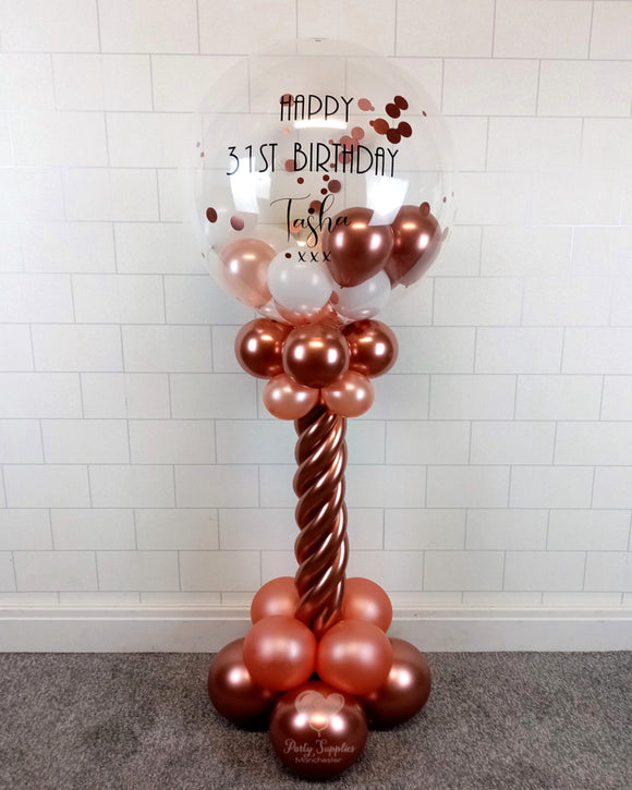 COLLECTION ONLY - Rose Gold Twisted Tower Topped with a Clear Bubble filled with Balloons & Confetti - Black Message