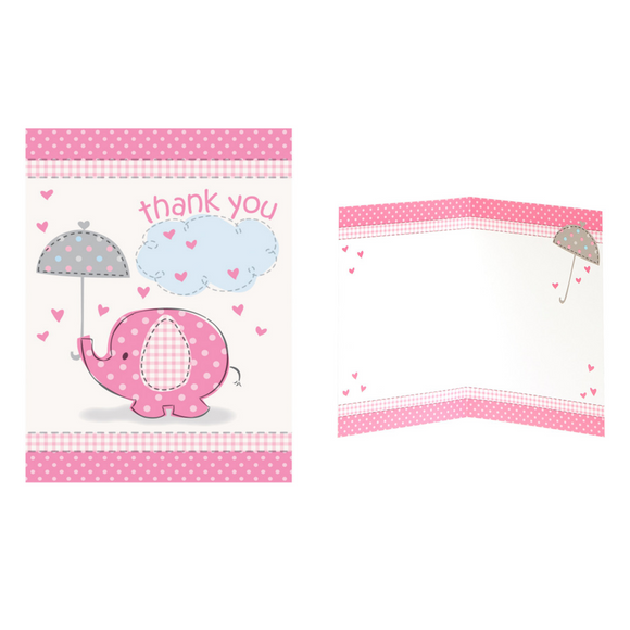 8 Umbrellaphants Pink Baby Shower Thank You Cards