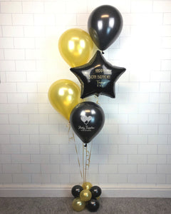 COLLECTION ONLY - Black & Gold Bouquet 4 Latex Balloons, 1 Personalised Star & Balloon Base