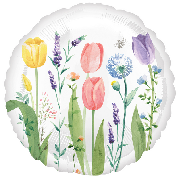 COLLECTION ONLY -  1 Tulip Print Standard Foil Balloon Filled with Helium & Dressed with Ribbon & Weight