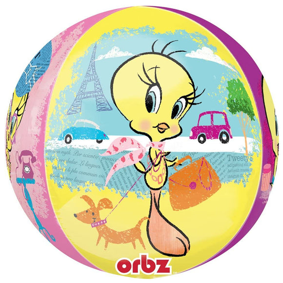 COLLECTION ONLY - 1 Tweety Orbz Balloon Filled with Helium & Dressed with a Balloon Collar, Ribbon & Weight