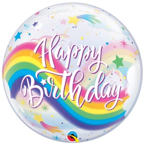 COLLECTION ONLY - 1 Happy Birthday Rainbow Unicorn Bubble Balloon 22" Filled with Helium & Dressed with a Balloon Collar, Ribbon & Weight