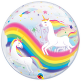 COLLECTION ONLY - 1 Happy Birthday Rainbow Unicorn Bubble Balloon 22" Filled with Helium & Dressed with a Balloon Collar, Ribbon & Weight