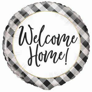 COLLECTION ONLY - 1 Black & White Welcome Home Standard Foil Balloon Filled with Helium & Dressed with Ribbon & Weight