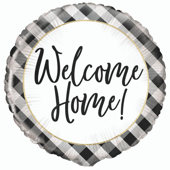 COLLECTION ONLY - 1 Black & White Welcome Home Standard Foil Balloon Filled with Helium & Dressed with Ribbon & Weight