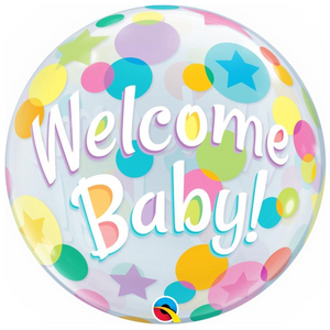 COLLECTION ONLY - 1 Welcome Baby Bubble Balloon 22" Filled with Helium & Dressed with a Balloon Collar, Ribbon & Weight
