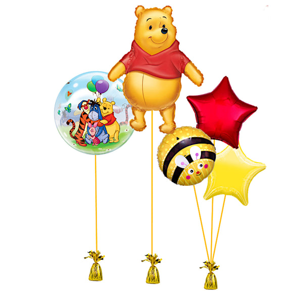 COLLECTION ONLY - Winnie the Pooh Balloon Bundle Filled with Helium & Dressed with Ribbon & Weights