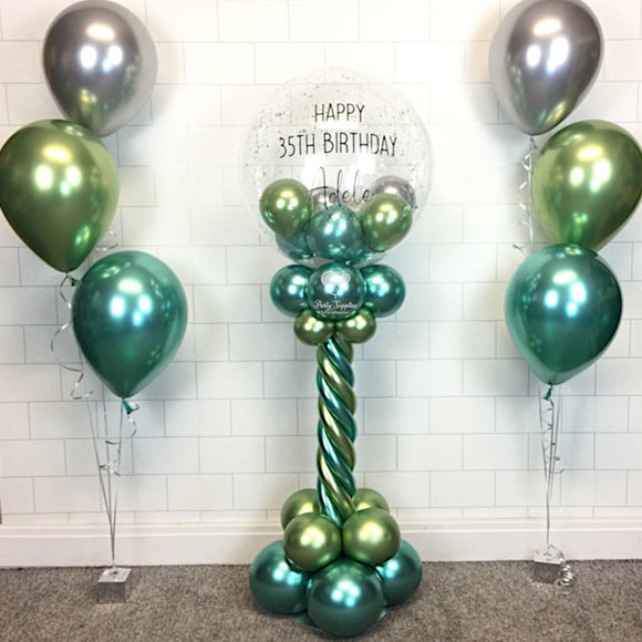COLLECTION ONLY - Twisted Tower Topped with a Clear Bubble filled with Green & Silver Balloons & Silver Leaf - Black Message + 2 Sets of Clusters