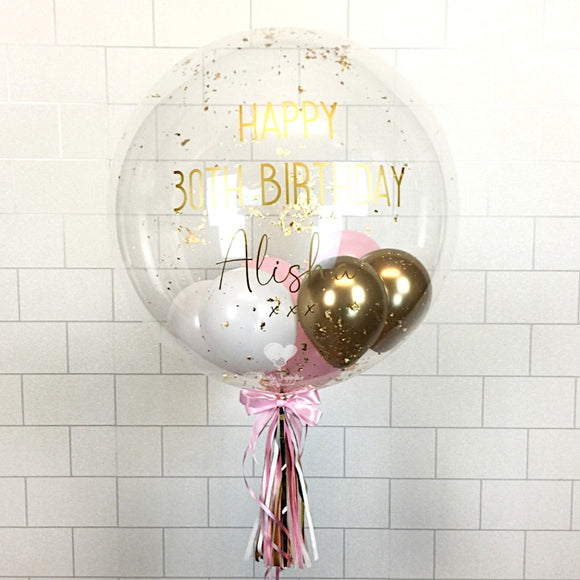 COLLECTION ONLY - Clear Bubble - Pink, White & Chrome Gold Balloons - Gold Leaf - Gold Message