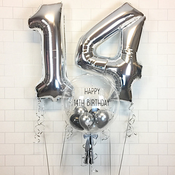 COLLECTION ONLY - Clear Bubble - Black & Silver Balloons - Silver Leaf - Black Message + 2 Large Numbers