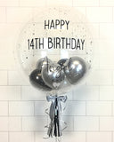 COLLECTION ONLY - Clear Bubble - Black & Silver Balloons - Silver Leaf - Black Message