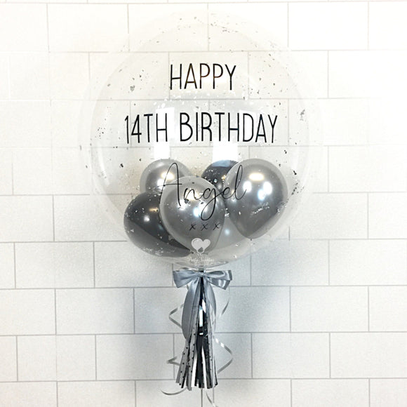 COLLECTION ONLY - Clear Bubble - Black & Silver Balloons - Silver Leaf - Black Message