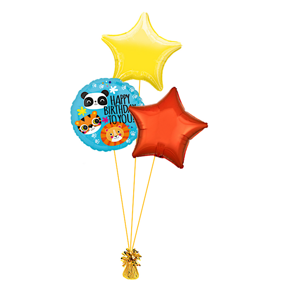 COLLECTION ONLY -  Animal Happy Birthday 3 Foil Balloon Bouquet Filled with Helium & Dressed with Ribbon & Weight