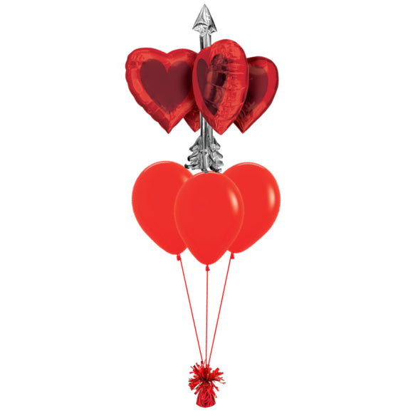 COLLECTION ONLY - Heart Arrow Super Shape Foil Balloon & 3 Latex Balloon Cluster Filled with Helium & Dressed with Ribbon & Weight
