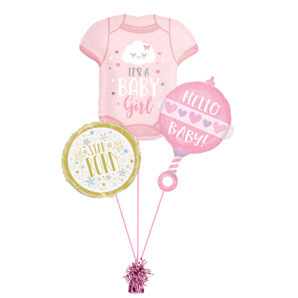 COLLECTION ONLY - 1 Baby Super Shape & 2 Foils Filled with Helium & Dressed with Ribbon & Weight