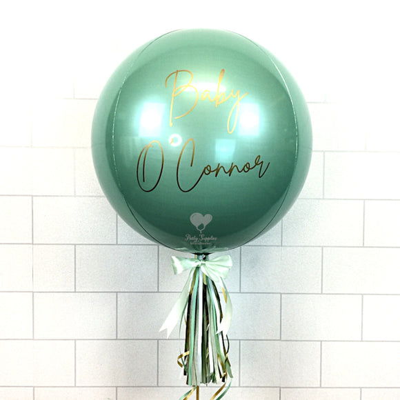 COLLECTION ONLY - Green Orbz Balloon, Personalised with a Gold Message Dressed with Tassel, Bow & Weight