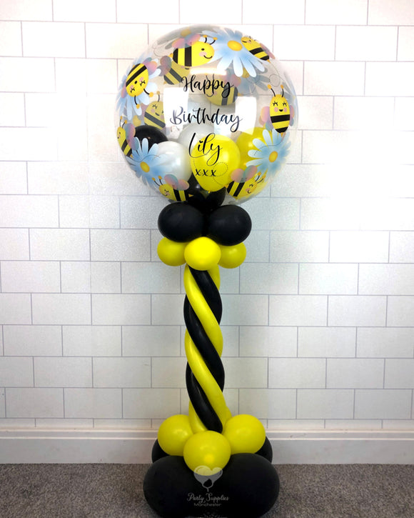 COLLECTION ONLY - Yellow & Black Twisted Tower Topped with a Sweet Bees & Daisies Print Bubble filled with Balloons - Black Message