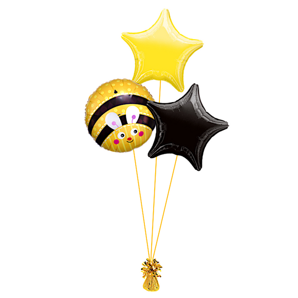 COLLECTION ONLY -  Bee 3 Foil Balloon Bouquet Filled with Helium & Dressed with Ribbon & Weight