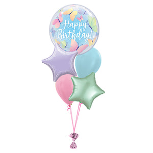 COLLECTION ONLY -  Butterfly Happy Birthday Bubble 5 Balloon Bouquet Filled with Helium & Dressed with Ribbon & Weight