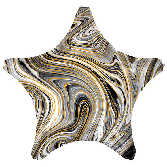 COLLECTION ONLY - 1 Black, White & Gold Marblez Foil Star Balloon Filled with Helium & Dressed with Ribbon & Weight