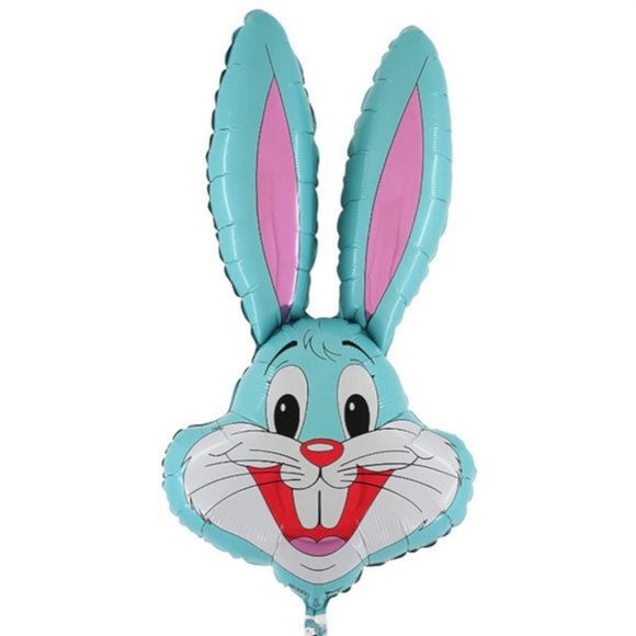 COLLECTION ONLY - Blue Bunny Head Foil Balloon Filled with Helium & Dressed with Ribbon & Weight