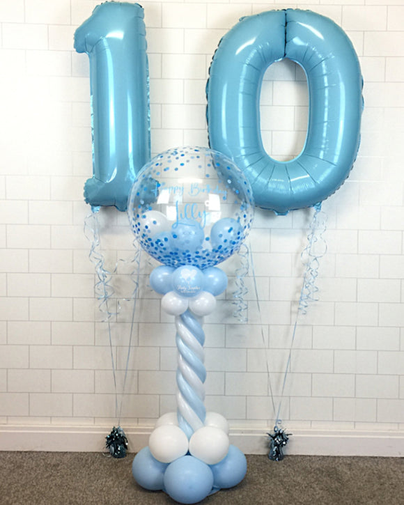 COLLECTION ONLY - Blue & White Twisted Tower Topped with a Blue Confetti Print Bubble filled with Balloons - Blue Message + 2 Helium Filled Numbers