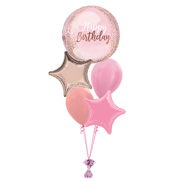 COLLECTION ONLY -  Blush Happy Birthday Orbz 5 Balloon Bouquet Filled with Helium & Dressed with Ribbon & Weight