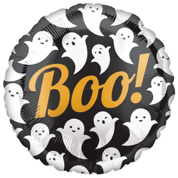COLLECTION ONLY - 1 Boo Ghost Halloween Standard Foil Balloon Filled with Helium & Dressed with Ribbon & Weight