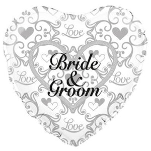 COLLECTION ONLY - 1 Bride & Groom Standard Heart Foil Filled with Helium & Dressed with Ribbon & Weight