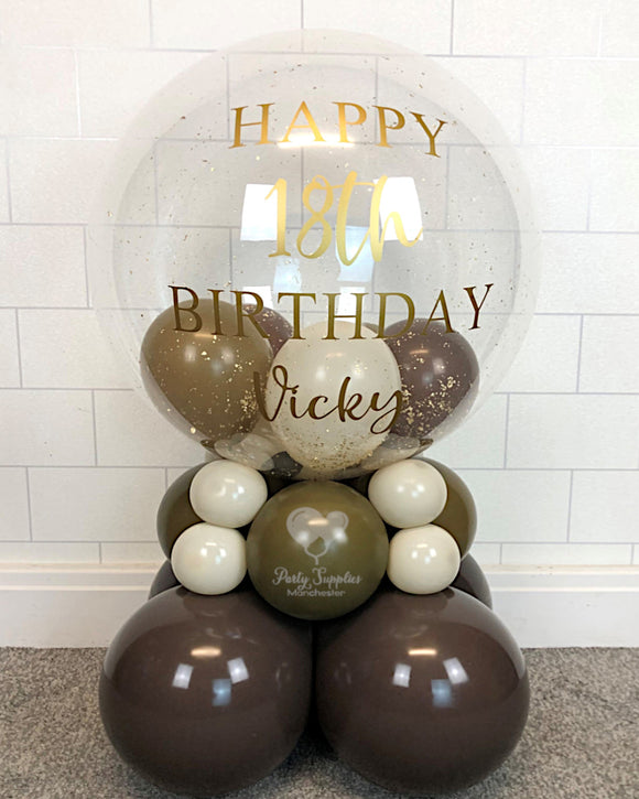 COLLECTION ONLY - 2 Tier Globe Chocolate, Coffee, & Cream Balloons & Gold Leaf, Gold Message