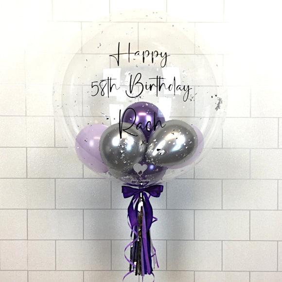 COLLECTION ONLY - Clear Bubble - Purple, Lilac & Silver Balloons - Silver Leaf - Black Message