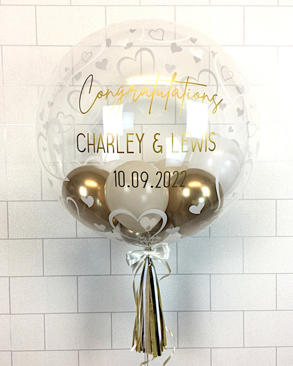 COLLECTION ONLY - Heart Print Bubble Balloon - Gold & Cream Balloons - Gold Message