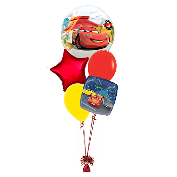 COLLECTION ONLY -  Cars Bubble 5 Balloon Bouquet Filled with Helium & Dressed with Ribbon & Weight