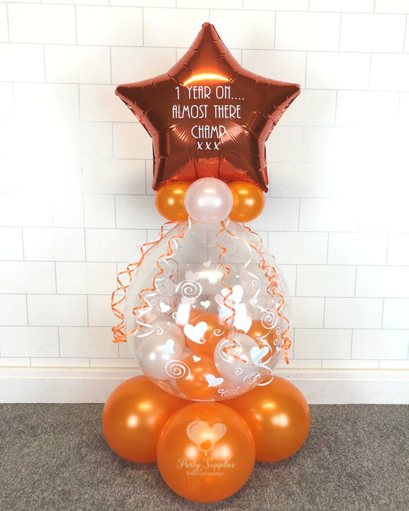 COLLECTION ONLY - Hearts Print Gift Balloon Topped with Orange Personalised Star