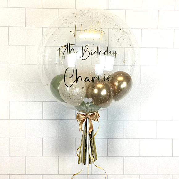COLLECTION ONLY - Clear Bubble - Green, Cream, Chrome Gold Balloons - Gold Leaf - Gold Mirror Finished Message