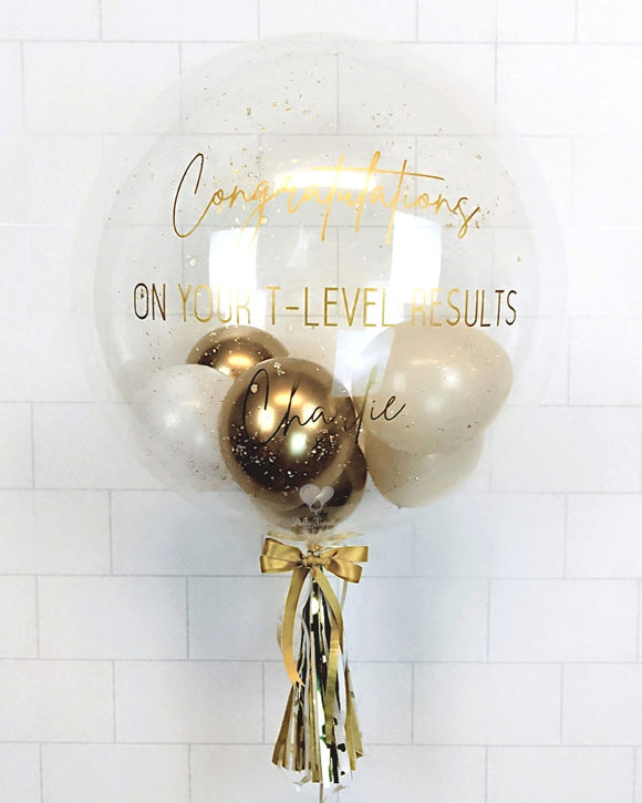 COLLECTION ONLY - Clear Bubble - Gold & Cream & White Balloons - Gold Leaf - Gold Message