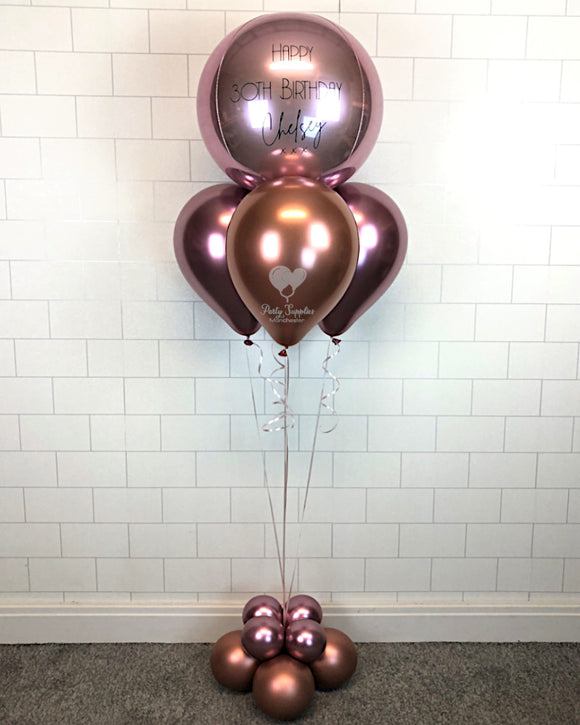 COLLECTION ONLY - Personalised Rose Gold Orbz Balloon, Pink & Rose Gold Balloon Pyramid & Balloon Base