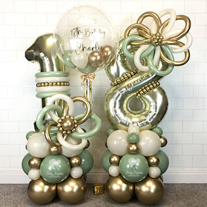 COLLECTION ONLY - Green, Cream & Gold - Luxury Personalised Double Number Tower + 1 Personalised Bubble