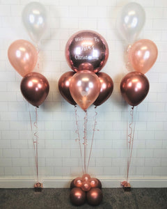COLLECTION ONLY - Personalised Rose Gold Orbz Balloon dressed with a Rose Gold Balloon Pyramid & Balloon Base & 2 Balloon Clusters